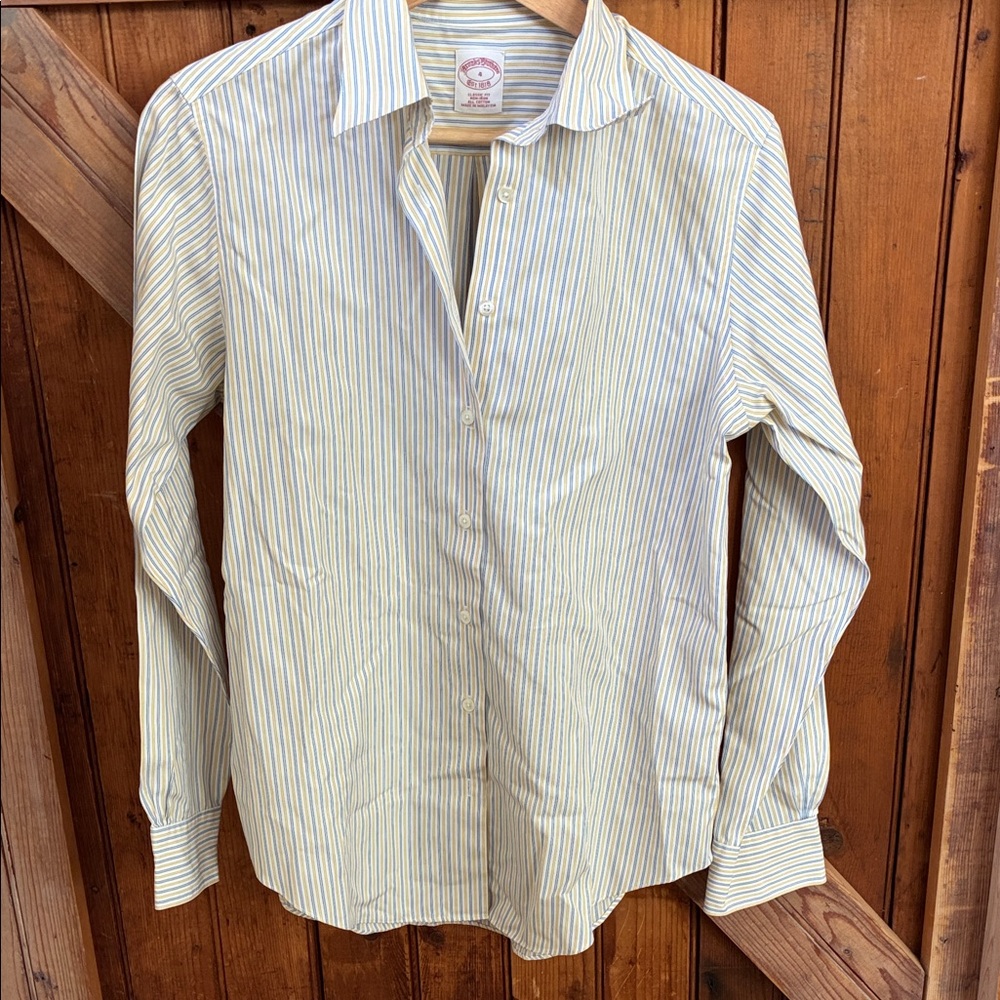 Brooks Brothers Womens Yellow and Blue Striped Button Down Shirt, 4, Like New